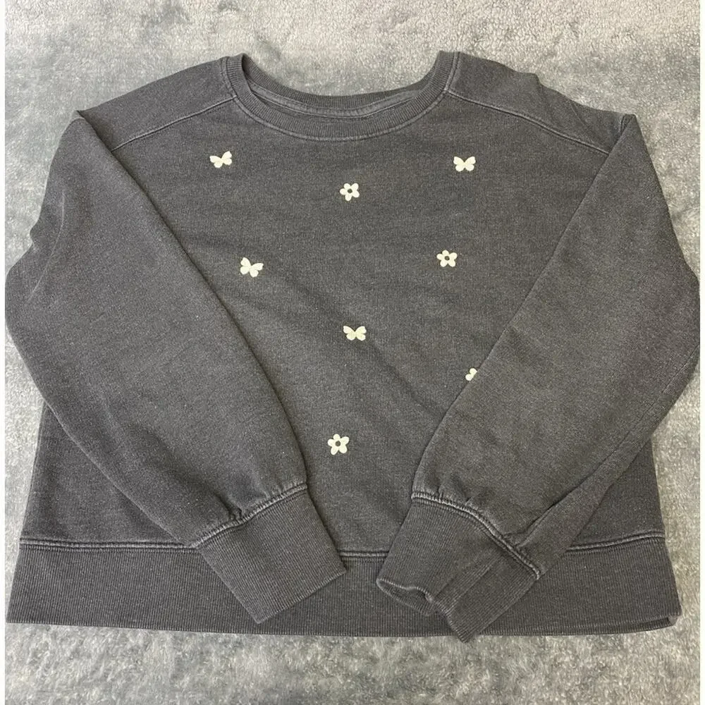 Cat & Jack Faded Gray Butterfly & Flower Sweatshirt Girls Size L 10-12